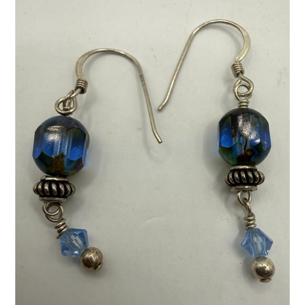 Vintage 925 Sterling Silver Blue Art Glass Drop Earrings Beaded Dangle Boho